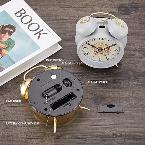 rjuwurv 4" Loud Alarm Twin Bell Alarm Clock, Night Light, Desk Clock Table Alarm Clock Bedroom Alarm Clock(Golden Rural)