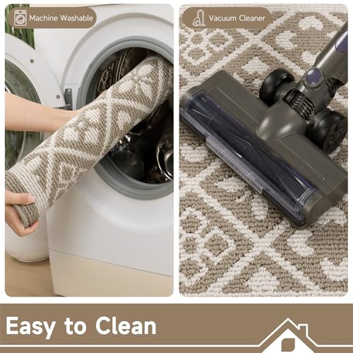 Hallway Runner Rug 2x10 ft,Washable Indoor Beige Entryway Carpet with Non Slip Rubber Backing,Low Pile Heavy Duty Kitchen Floor Mat for Entrance & High Traffic Areas