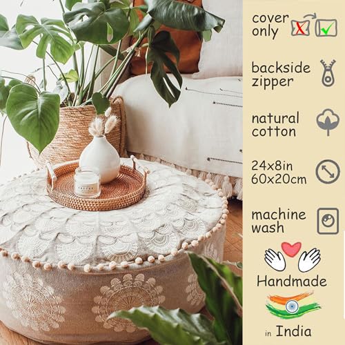 Mandala Life ART Bohemian Pouf Ottoman Cover 24x8- Luxury, Artisan Room Décor Pouffe for Meditation, Yoga, and Boho Chic