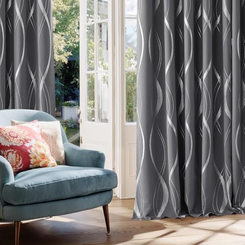 NICETOWN Grey Blackout Striped Pattern Curtains for Living Room 84 inch Long 2 Panels Set, Noise Reducing Thermal Insulated Wave Line Foil Print Bedroom Drapes for Patio Sliding Glass Door (52 x 84)