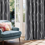 NICETOWN Grey Blackout Striped Pattern Curtains for Living Room 84 inch Long 2 Panels Set, Noise Reducing Thermal Insulated Wave Line Foil Print Bedroom Drapes for Patio Sliding Glass Door (52 x 84)