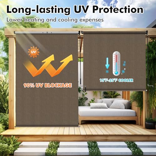 Artpuch Outdoor Roller Shade 8' W x 8' H, Mocha Exterior Cordless Patio Shades Roll Up Blinds with Spliced Pole Design, (2 Poles, One-Piece Fabric)