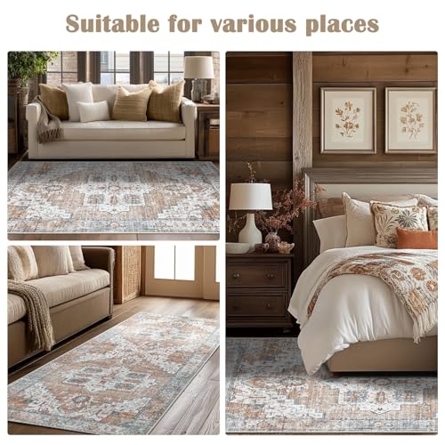 jinchan 3x10 Runner Vintage Medallion Washable Area Rug, Blue/Orange