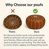 Stuffed Round Design Moroccan Leather Pouf Ottoman, Handmade, Pre-Filled, 100% Genuine Leather, 13” Height x 20” Diameter, Footstool & Living Room Décor (Black with White Stitches)