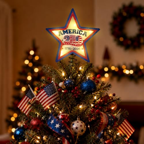 Lighted 4th of July Star Tree Topper, LED USA 250th Anniversary Wooden Patriotic Star Treetop Decoration, Battery Operated American Flag Star for Christmas Tree Independence Day Party Decor