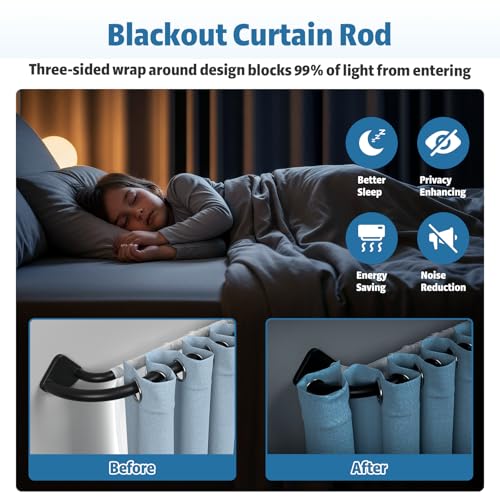 Black Double Curtain Rod 38 to 92 Inches, Blackout Wrap Around Curtain Rod for Windows, 6/8 Inch Room Darkening Telescoping Double Drapery Rod, Easy Install for Rentals & Apartments