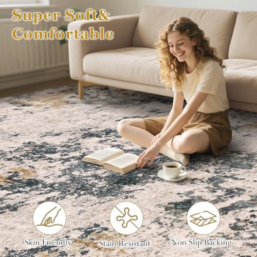 10x12 Area Rugs Living Room Abstract Washable Rug, Grey Gold