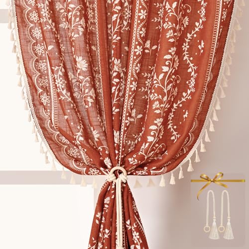 Yinhua Boho Curtains for Living Room 84 Inch Length Vintage Linen Burnt Orange Curtains Light Filtering Floral Window Curtain Rod Pocket & Back Tabs Farmhouse Tassel Terracotta Drapes with Tiebacks
