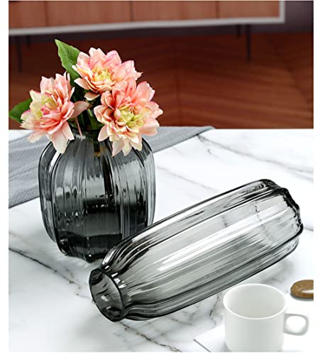 Black Grey Glass Vase for Flowers,Dark Grey Bud Tall Glass Vases,H-8.0" Simple Striped Design for Home Floor Decor,Farmhouse Decor, Centerpiece Coffee Table Decorations