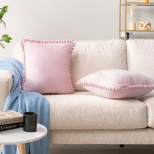 PAVILIA Light Pink Throw Pillow Covers with Pom Pom 18x18 Set of 2, Decorative Pillow Cases for Bedroom Aesthetic, Small Throw Pillows Set for Bed, Velvet Euro Plush Cushion Covers for Sofa Couch