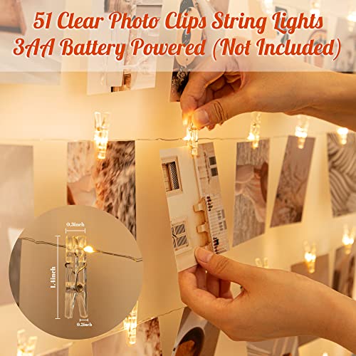 LUSHARBOR Photo Clips String Light, Fairy Lights with 51 Clear Clips, Battery Operated String Lights with Clips for Pictures, Room Decorations for Dorm Wall Bedroom