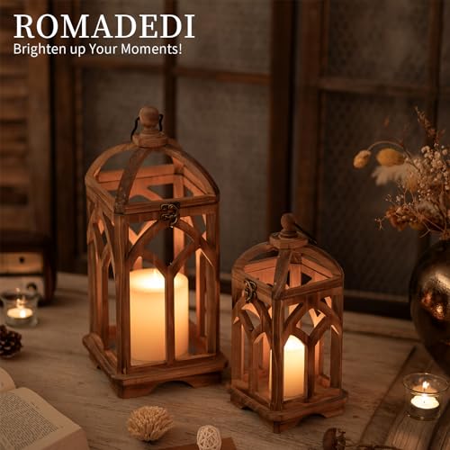 Romadedi Farmhouse Wood Candle Lantern Decorative 12"/16", Set of 2, Brown
