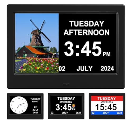 (No Power Adapter Alarm Clock with Day and Date for Elderly 7inch Digital Calendar Clock Photo Frame- Auto Dimmable Display 15 Alarm Options, Clock with Non-Abbreviated Day & Month