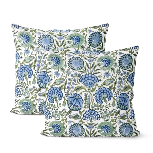 Boho Navy Blue Pillow Covers 18x18 Inch 2 Pcs Sage Green Vintage Floral Decor Throw Pillows Spring Flower Summer Outdoor Farmhouse Decoration Pillowcase Cushion Cover for Couch Sofa Bed