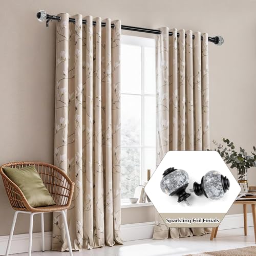 1 Inch Curtain Rods 72 to 144 Inches (6 to 12 ft) Telescoping Single Drapery Rod, USFOOK Black Curtain Rods for Windows 69 to 140 Inches, Decorative Translucent Finials