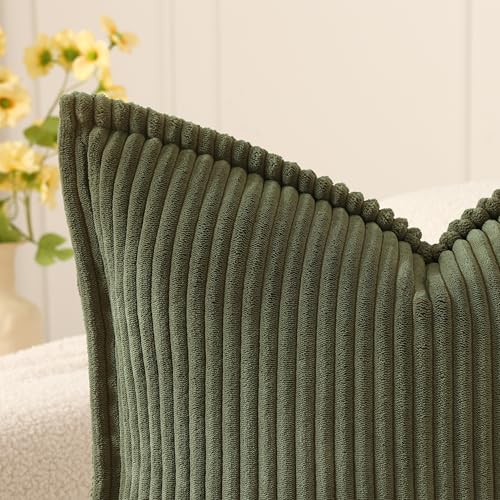Mecatny Corduroy Summer Throw Pillow Covers 18x18 Set of 2, Neutral Decorative Soft Boho Couch Pillow Covers with Broadside for Sofa Living Room, Olive Green