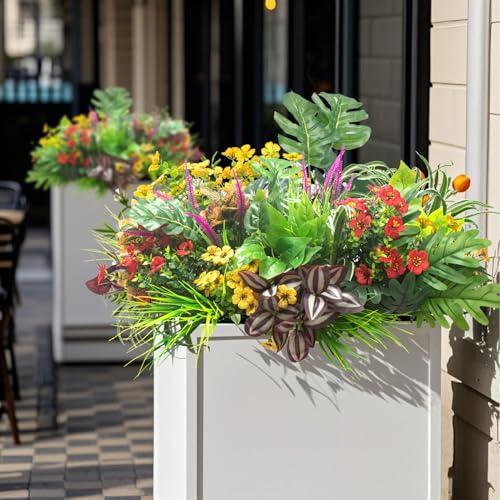 Grunyia 20PCS Fake Flowers UV Resistant Artificial Plants & Faux Shrubs - Outdoor Plastic Greenery Stems for Garden Porch, Window Box Planter, Home Decor(Pot Not Included)
