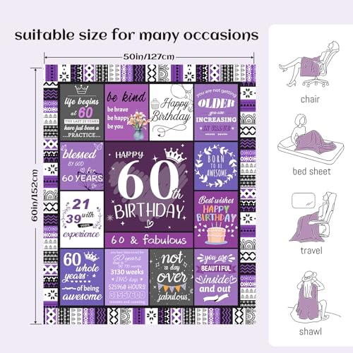 60th Birthday Gifts for Women, 60 Year Old Birthday Gifts for Women, Gifts for 60 Year Old Woman, Happy 60th Birthday Decorations,1966 Birthday Gift for Mom, Grandma - 60 Bday Blanket 60”x50”