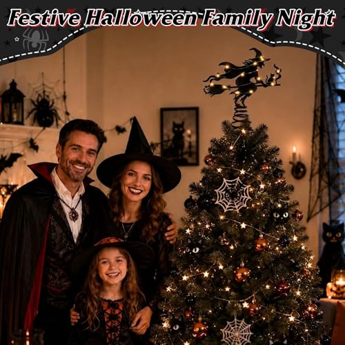 Halloween Witch Tree Topper with LED Lights,9 Inch Black Iron Flying Broom Witch Tree Topper,Spooky Light Up Halloween Ornament for Christmas Treetops and Home Party Supplies