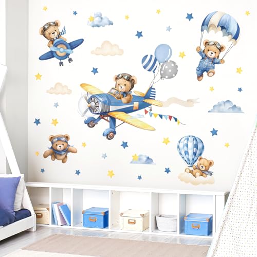 decalmile Airplane with Animals Wall Stickers Hot Air Balloon Bear Clouds Wall Decals Baby Nursery Kids Bedroom Living Room Wall Decor