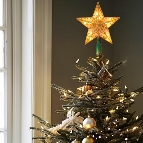Dazzle Bright 11'' Star Tree Topper, Glitter Christmas Tree Top with 10 Lights, Xmas Tree Decoration (Gold)