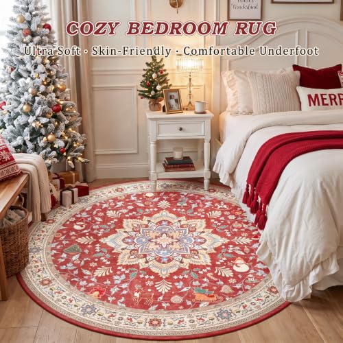 nesrt Round 6Ft Boho Christmas Area Rugs for Living Room Non Slip Washable
