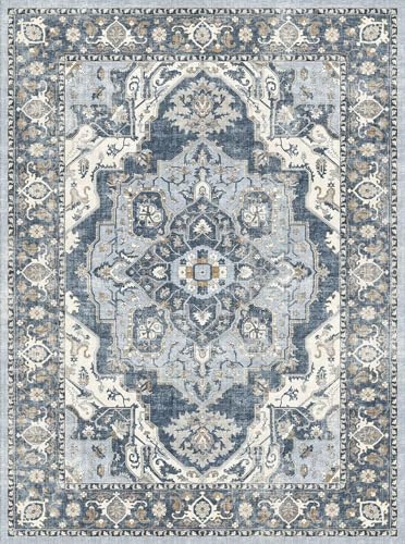 Washable Hallway 3x9 Runner Rug: Non-Slip Boho Kitchen Rugs Entryway Rug Runners Vintage Soft Low Pile Carpet Stain Resistant Floor Mat for Bedroom Bathroom Laundry Room (Dusty Blue, 3x9)