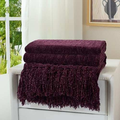 Chenille Throw Blanket for Couch with Tassels,50"X60" Soft Cozy Lightweight Knitted Boho Decorative Blankets for Bed and Sofa,Aubergine
