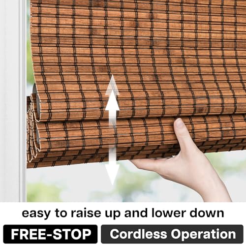 LazBlinds Cordless Blackout Bamboo Roman Shades, Room Darkening Blinds for Interior Windows, Thermal Insulated Roll Up Bamboo Blinds for Home & Patio, 34" W x 64" H, Penang Teak