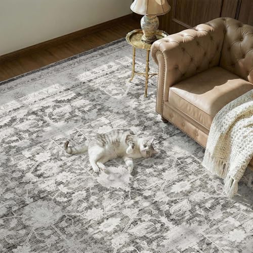 JINCHAN 8x10 Vintage Floral Area Rug, Washable Non Slip, Grey