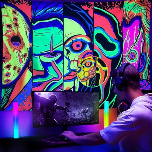 ARTCREATOR Black Light Art Halloween Wall Decor Trippy Blacklight Horror Face Tapestry, UV Reactive Tapestries Glow in The Dark Party Tapestry for Bedroom, Living Room (29" x 37")
