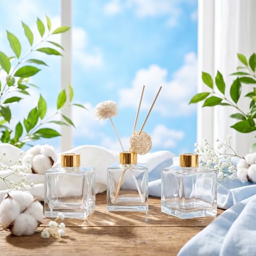 Squre Glass Diffuser Bottles with Gold Caps, Set of 4-3.7" High,200ml 6.7 fl oz. Fragrance Accessories Use for DIY Replacement Reed Diffuser Sets