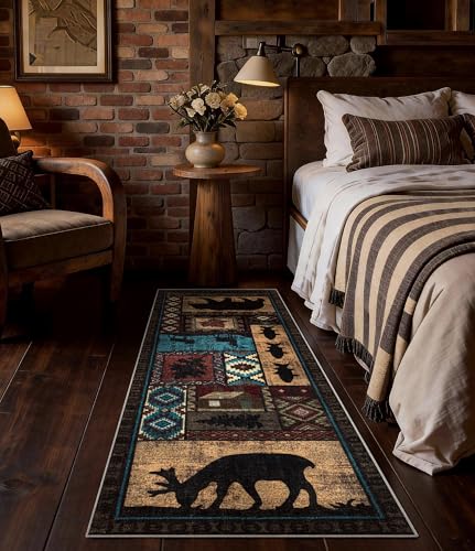 Hallway Runner Rug 2x6 Indoor Door Mat - Bear Rustic Cabin Non-Slip Entryway Rug, Low Pile Tribal Print for Kitchen, Bedroom