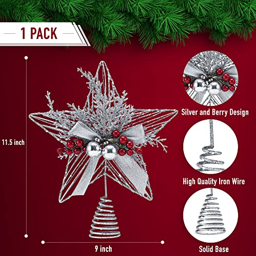 Ornativity Silver Star Tree Topper - Christmas Glitter Silver Star Xmas Holiday Decor Tree Top Decoration with Silver Bells and Mistletoe and Holly Red Berries 11.5"
