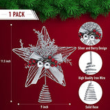 Ornativity Silver Star Tree Topper - Christmas Glitter Silver Star Xmas Holiday Decor Tree Top Decoration with Silver Bells and Mistletoe and Holly Red Berries 11.5"