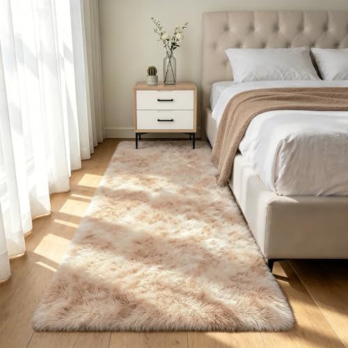 Shag Runner Rug for Bedroom Living Room 3x7 Upgrade Non-Slip Fluffy Soft Bedside Rugs,Mottling Camel Shaggy Carpet for Livingroom Dorm Home Decor Aesthetic
