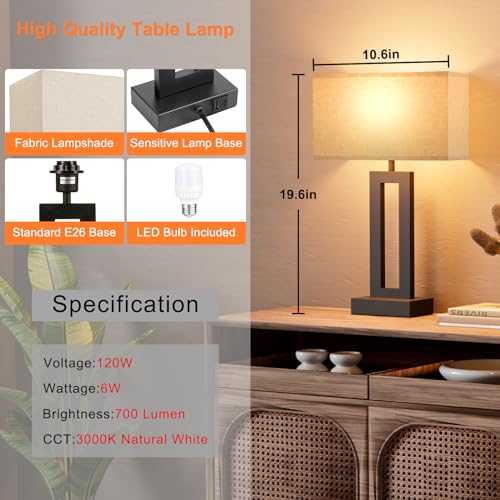 Seealle Bedroom Lamps for Night Stands - Touch Control, 3 Way Dimmable, USB C+A Charging, LED Bulbs, Easy Assembly