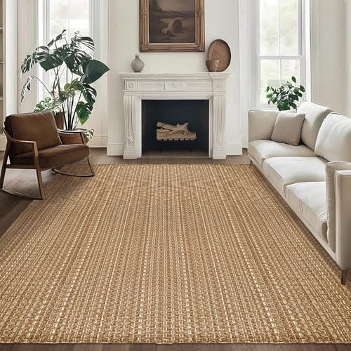 Tan Brown Boho Faux Jute Area Rug 6x9 ft,Braided Solid Non Slip Rug