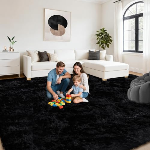 8x10 Area Rugs for Living Room: Soft Black Fluffy Rug Shag Washable Rug Plush Fuzzy Indoor Carpet for Bedroom Nursery Playroom Girls Boys Kids Room (Black, 8'x10')