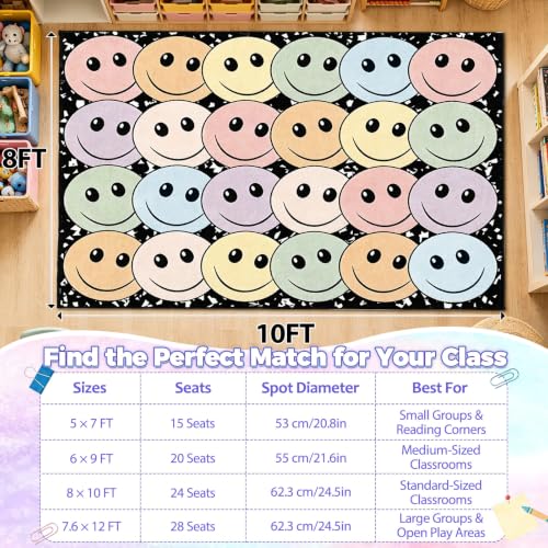 8' x 10' Composition Notebook Classroom Rug Pastel Smiley Face Seating Carpet for Kids, Washable Non-Slip Educational Area Rugs Large Soft Play Mat for Kindergarten Nursery Playroom Decor