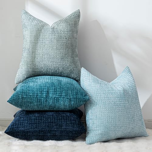 Pack of 4 Throw Pillow Covers 18x18 inch Blue Series Boho Cushion Covers Decorative Farmhouse Pillow Covers for Couch Bed Sofa Living Room Home Decor Soft Square Pillowcase