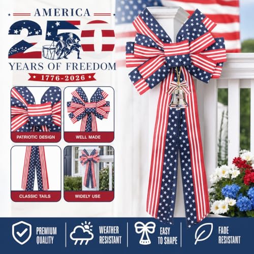 4th of July 250th Anniversary Ribbon Bow Set,Red White Blue Patriotic Decorations for Front Door Wreath Indoor Home Decor