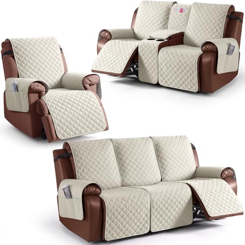 KinCam 100% Waterproof Recliner Loveseat Cover with Console X1, Recliner Couch Covers X1, Recliner Chair Covers X1(Ivory)