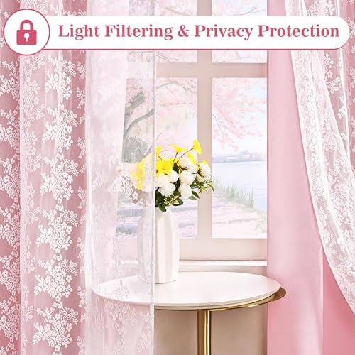 Yinhua Pink Curtains for Girls Room Double Layer Blackout Curtains for Bedroom 84 Inches Long Nursery Curtain for Living Room, Grommet Drapes with Tiebacks, 52" W x 84" L