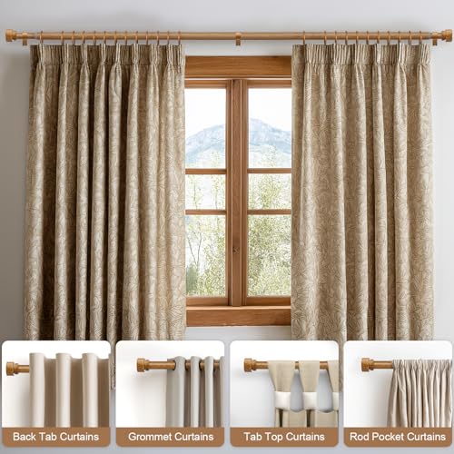 Lootkell Wood Curtain Rods for Windows 66 to 120 Inches 1" Diameter Boho Decorative Heavy Duty Long Window Curtain Rod Adjustable with Handmade Wood Grain Design for Living Room Bedroom Kitchen