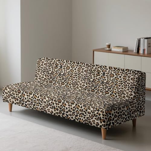 Leopard Print Easy-Going Stretch Futon Slipcover Armless Futon Bed Cover Furniture Protector Without Armrests with Elastic Bottom for Kids