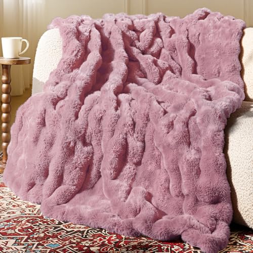 Ultra Soft Cozy Faux Fur Throw Blanket, Fuzzy Plush Thick Bubble Blanket, Oversize Luxury Fluffy Blanket for Couch, Sofa, Bedroom, and Living Room,50x60 Inches,Pink