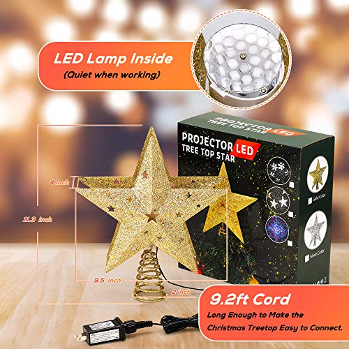 IPOW LED Snowflake Projector Star Christmas Tree Topper, 11.3'' Golden Glittered Star Treetop Lighted Rotating Snow Flake for Christmas Tree Decoration, Ideal as LED Night Light Projector for Children