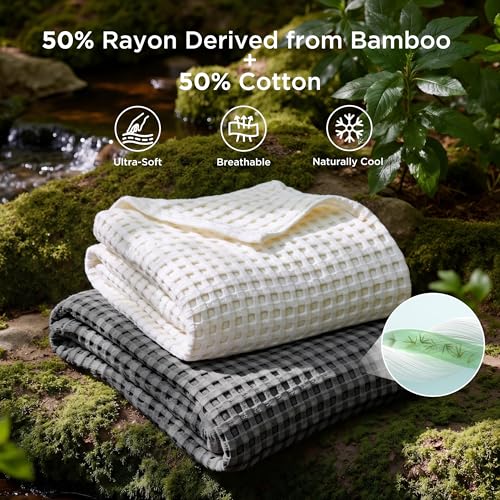 Bedsure Cooling Cotton Waffle Full Size Blanket - Lightweight Breathable Blanket of Rayon Derived from Bamboo for Hot Sleepers, Luxury Throws for Bed, Couch and Sofa, Dark Grey, 80x90 Inches