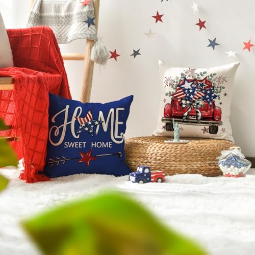 AVOIN colorlife Bless Our Home Eucalyptus Stars Fireworks Car Blue Throw Pillow Covers, 18 x 18 Inch 4th of July Patriotic Independence Memorial Day USA Flag Cushion Case for Sofa Couch Set of 4